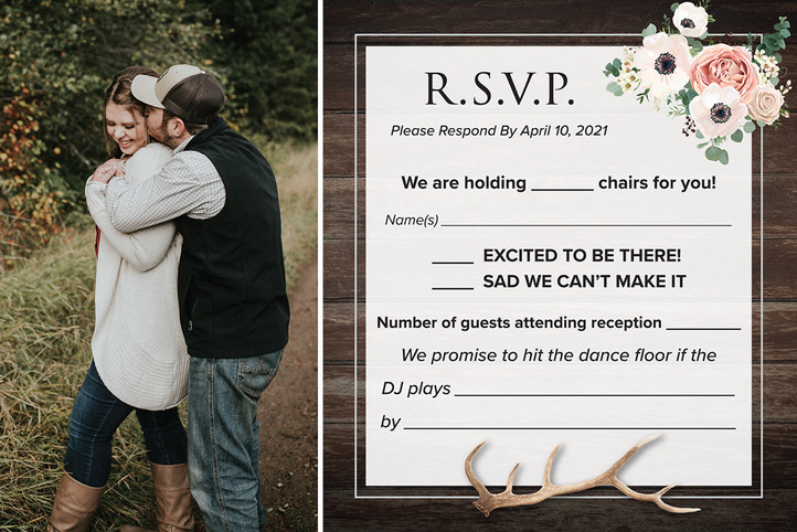 Wedding RSVP card with photo of engaged couple, flowers, wood background, and antlers, design by Jenny Valencia Graphic Design